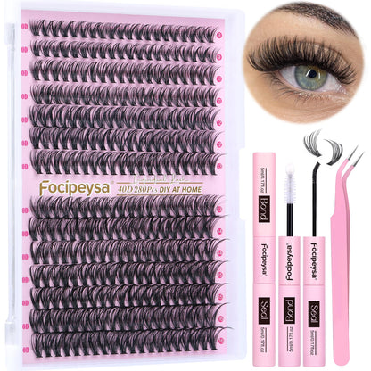 Focipeysa Eyelash Extension Kit – D Curl Clusters 280pcs for DIY Beginners