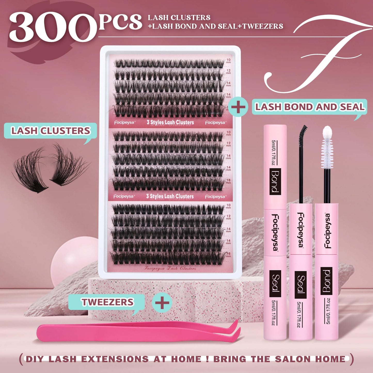 Focipeysa Lash Extension Kit 300pcs – DIY Volume Clusters 9-16mm (60D-80D)