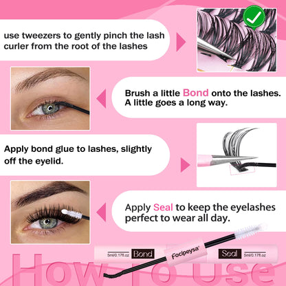 Focipeysa Eyelash Extension Kit – D Curl Clusters 280pcs for DIY Beginners