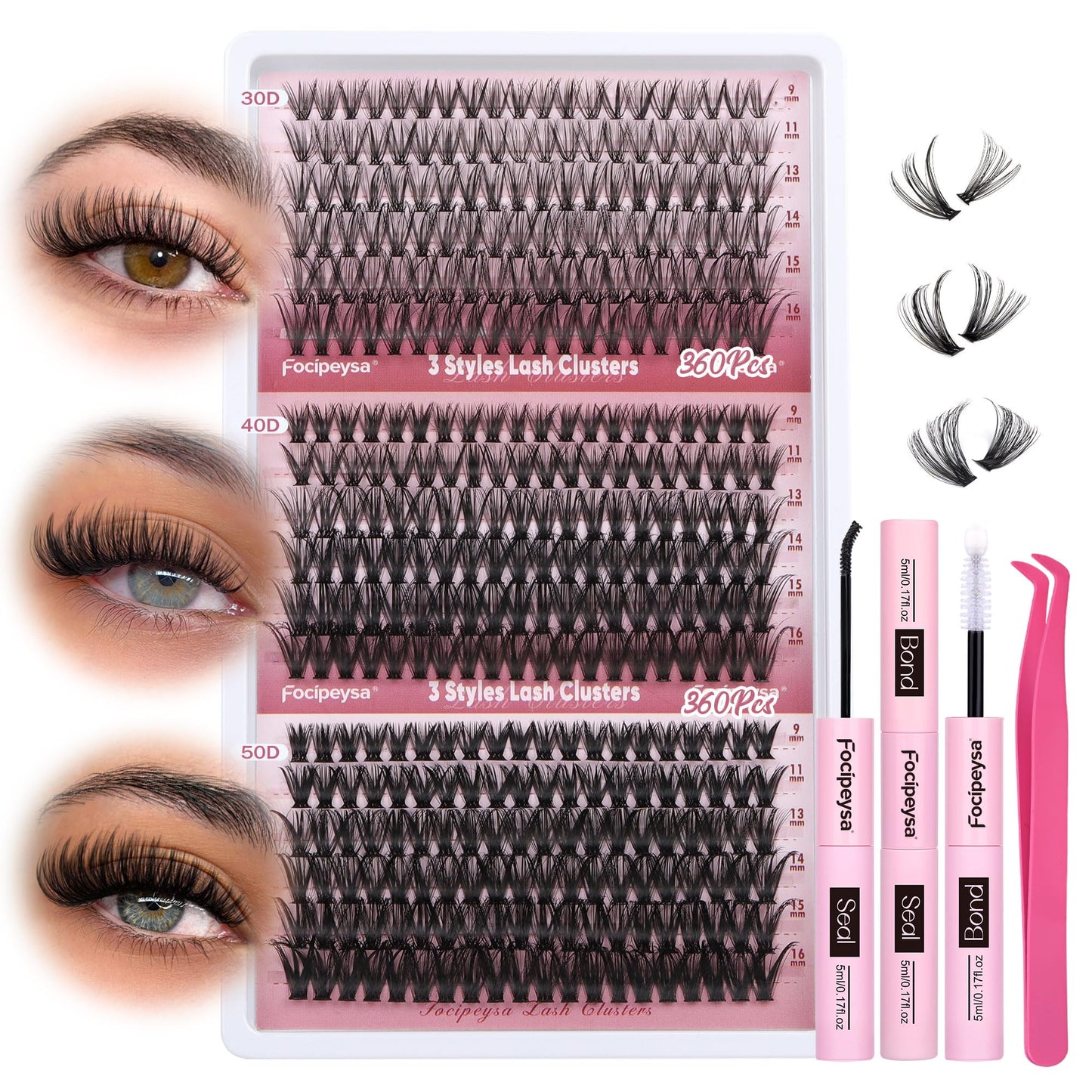 Focipeysa Wispy Lash Clusters 360pcs – DIY Eyelash Extensions 9–16mm 30D-50D
