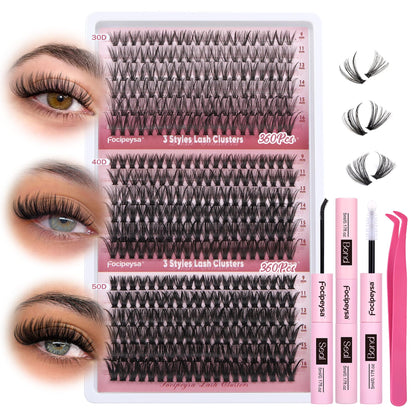 Focipeysa Wispy Lash Clusters 360pcs – DIY Eyelash Extensions 9–16mm 30D-50D