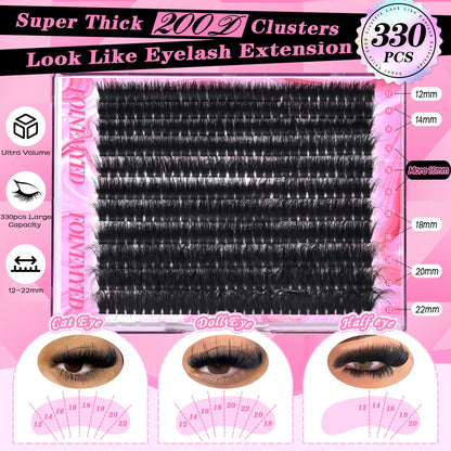 FOINEMYED Lash Clusters Kit 330Pcs, 200D Mega Volume Lashes, 12-22mm, DIY Lash Extensions