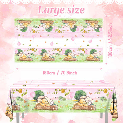 FOLNESH Pink Classic Bear Tablecloths 3pc, 54x108in – Baby Shower Winnie Bear Theme