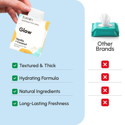 FOMIN Travel Deodorant Wipes – 50 Count, Glowing Coconut & Vanilla, pH Balanced, Plastic-Free