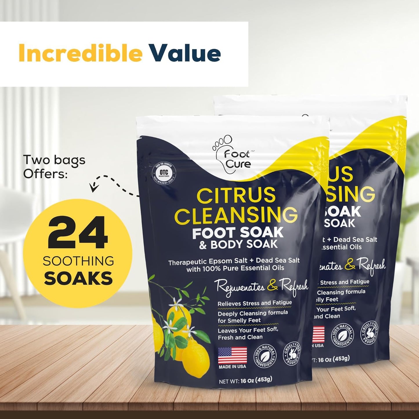 FOOT CURE Citrus Detox Foot Soak – Epsom & Dead Sea Salts (16 oz x 2)
