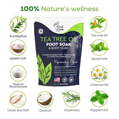 FOOT CURE Tea Tree Oil Foot Soak with Epsom Salt | Soothes Feet, Softens Calluses, Odor Control | Made in USA 16 oz