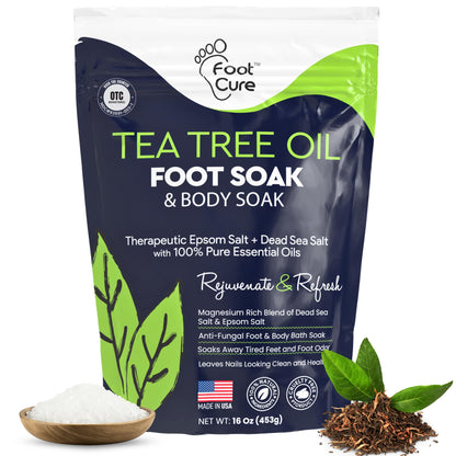 FOOT CURE Tea Tree Oil Foot Soak with Epsom Salt | Soothes Feet, Softens Calluses, Odor Control | Made in USA 16 oz