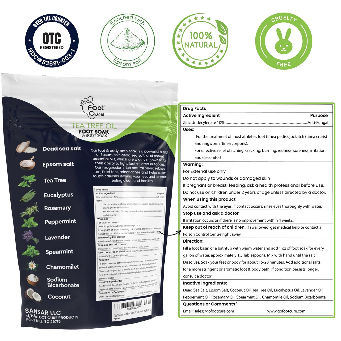 FOOT CURE Tea Tree Oil & Muscle Foot Soak with Epsom Salts – All-Natural Foot Care (Pack of 2)