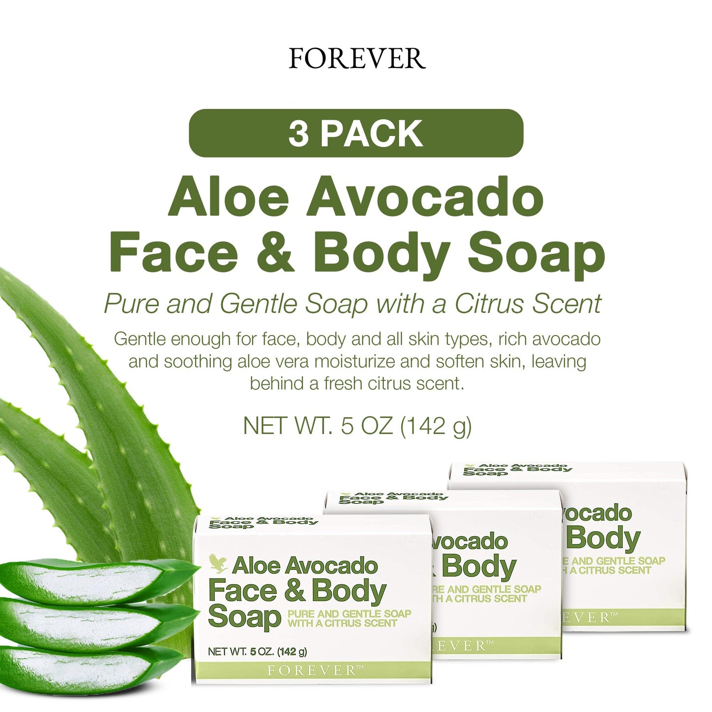 Forever Living Aloe Avocado Face & Body Soap – Gentle Cleansing with Fresh Citrus, Pack of 3
