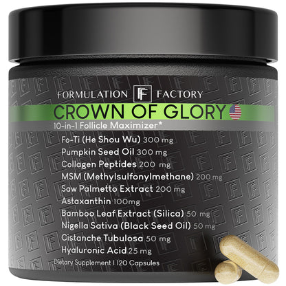 Formulation Factory Crown of Glory 10-in-1 Hair Growth Maximizer – DHT Blocker with Saw Palmetto & Collagen (120 Capsules)