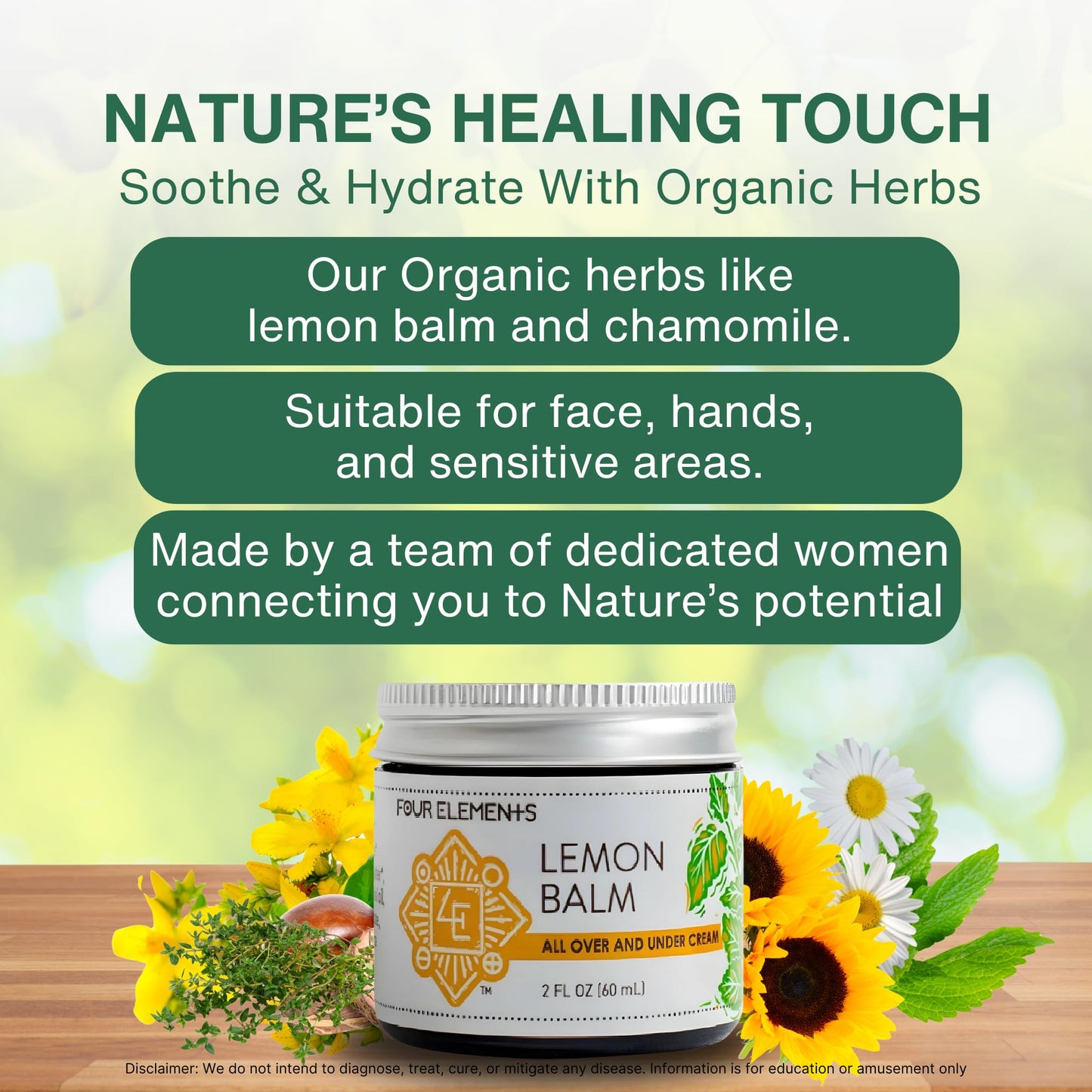 Four Elements 4E Lemon Balm Face Moisturizer Cream – 2 oz | Organic Lemon Balm, Chamomile, Shea Butter & Vitamin E