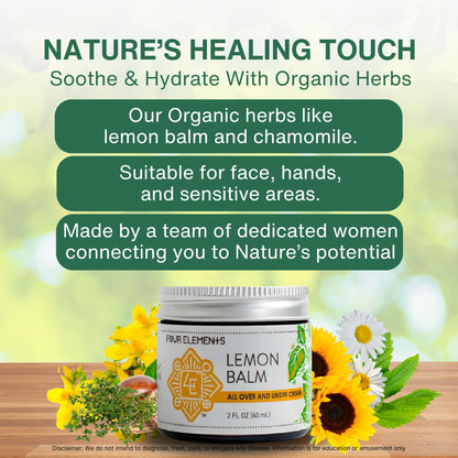 Four Elements 4E Lemon Balm Face Moisturizer Cream – 2 oz | Organic Lemon Balm, Chamomile, Shea Butter & Vitamin E