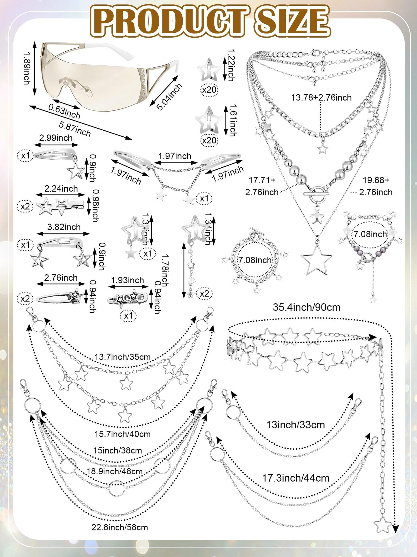 Fourluoo 60 Pcs Y2K Accessories Set — Gradient Silver & Silver | Chokers, Bracelets, Sunglasses, Hair Clips