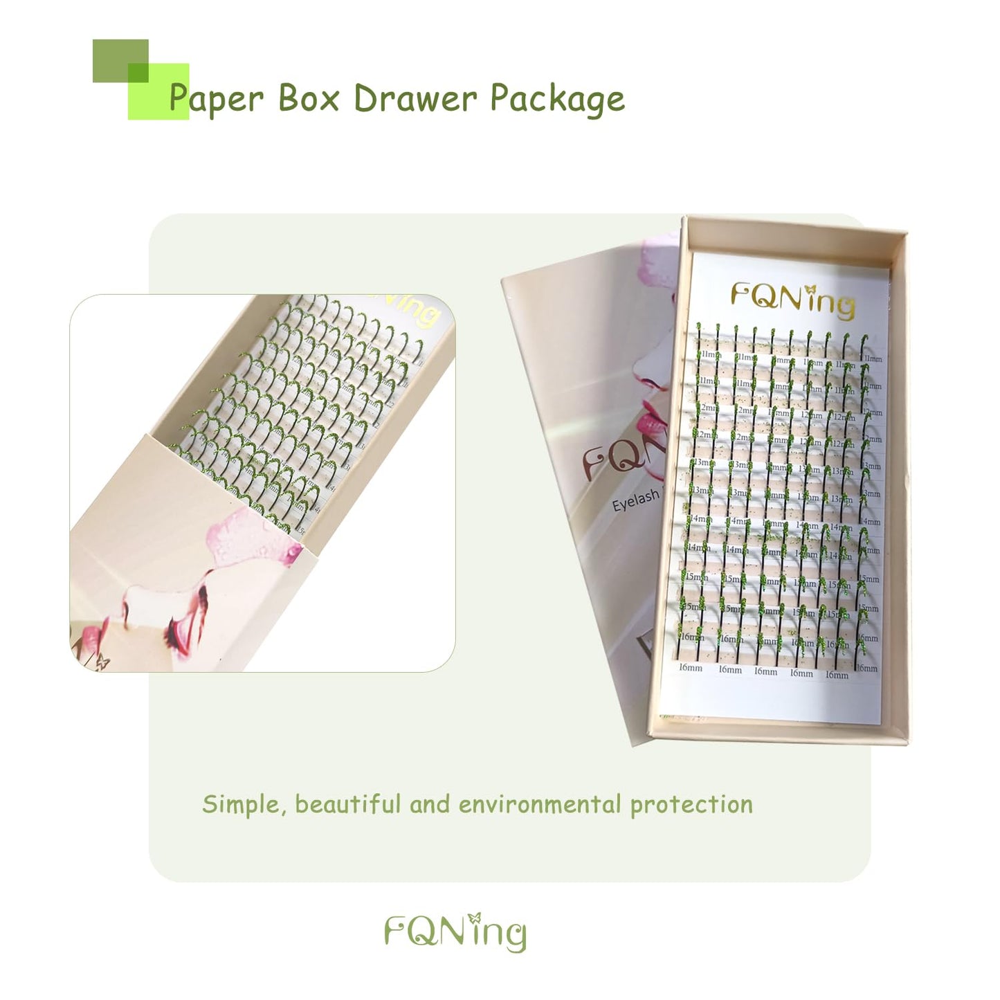 FQNing Glitter Eyelash Extensions - Light Green Sparkle, 11-16mm, 0.20D, D Curl