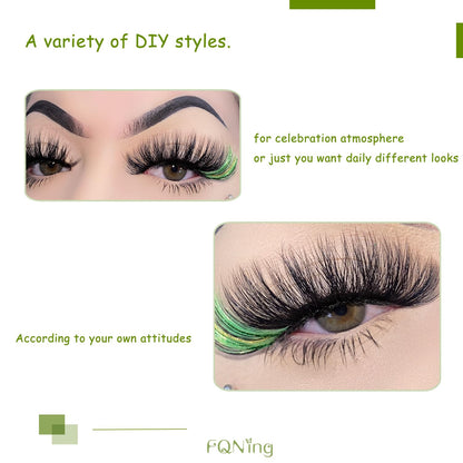 FQNing Glitter Eyelash Extensions - Light Green Sparkle, 11-16mm, 0.20D, D Curl