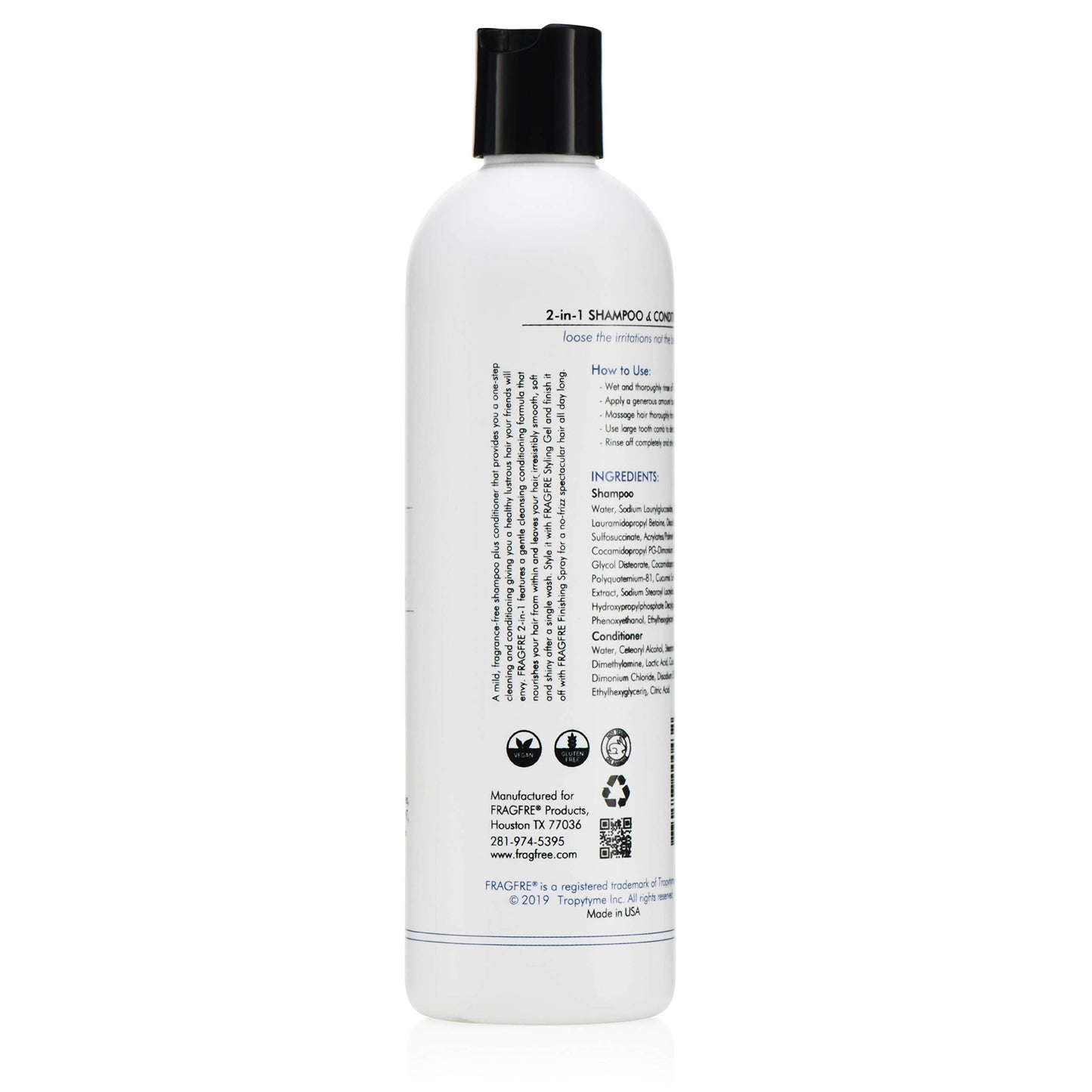 FRAGFRE 2 in 1 Shampoo and Conditioner 12 oz – Fragrance-Free, Sulfate-Free, Color-Safe for Short to Medium Hair
