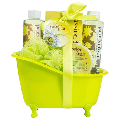 Freida and Joe Home Spa Bath Basket – Passion Fruit Bath & Body Set in Green Tub