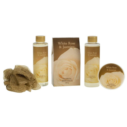 Freida and Joe White Rose Jasmine Spa Set – Luxury Gold Tub Gift (Shower Gel, Bubble Bath, Body Lotion)