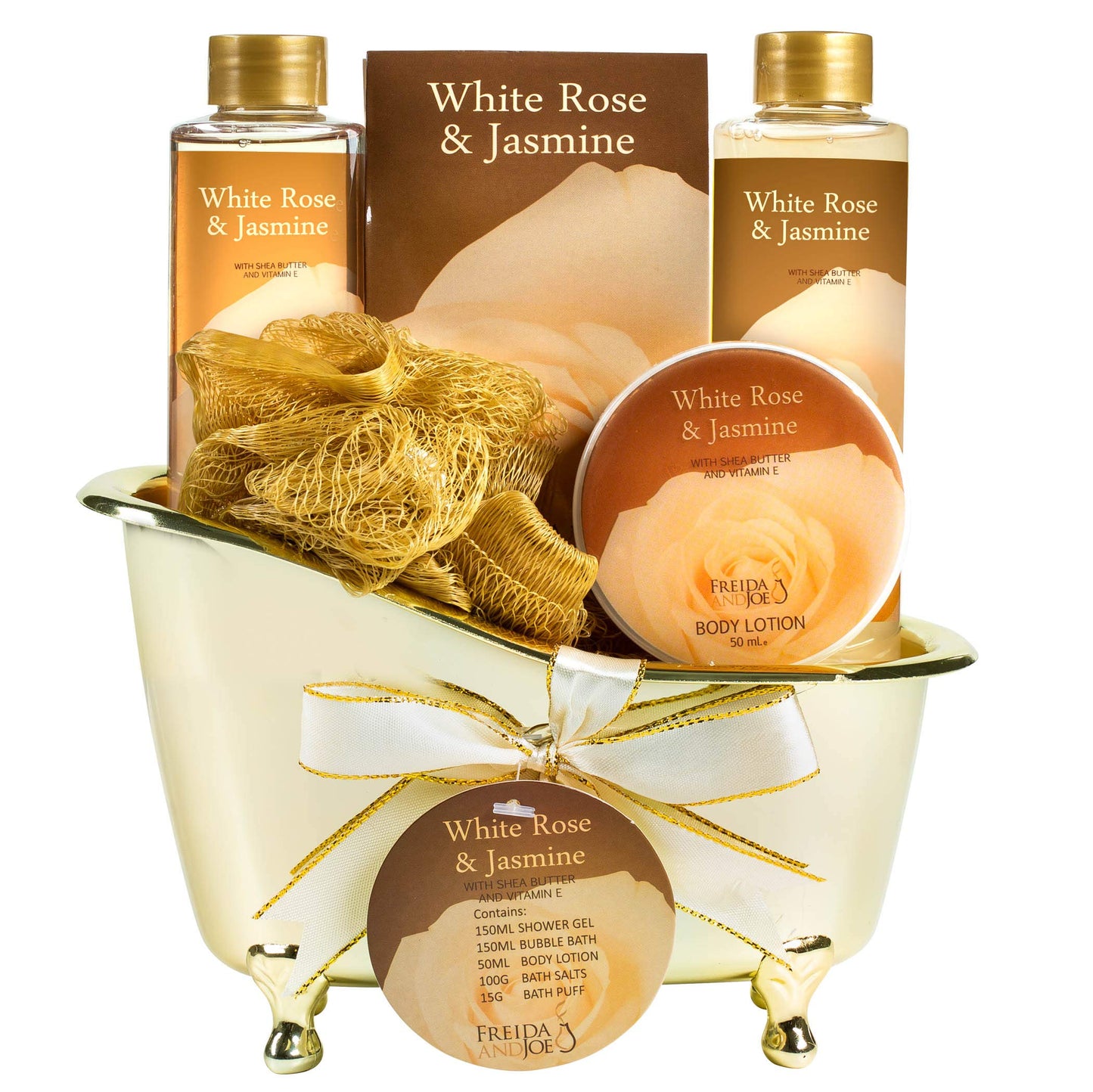 Freida and Joe White Rose Jasmine Spa Set – Luxury Gold Tub Gift (Shower Gel, Bubble Bath, Body Lotion)