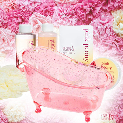 Freida and Joe Home Spa Peony Gift Basket – Valentines Set with Shower Gel, Bubble Bath, Body Lotion & Bath Salt