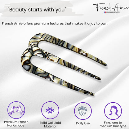 French Amie Tri Prongs Onyx Silver Grey 3-Inch Handmade Cellulose Acetate Bun Holder
