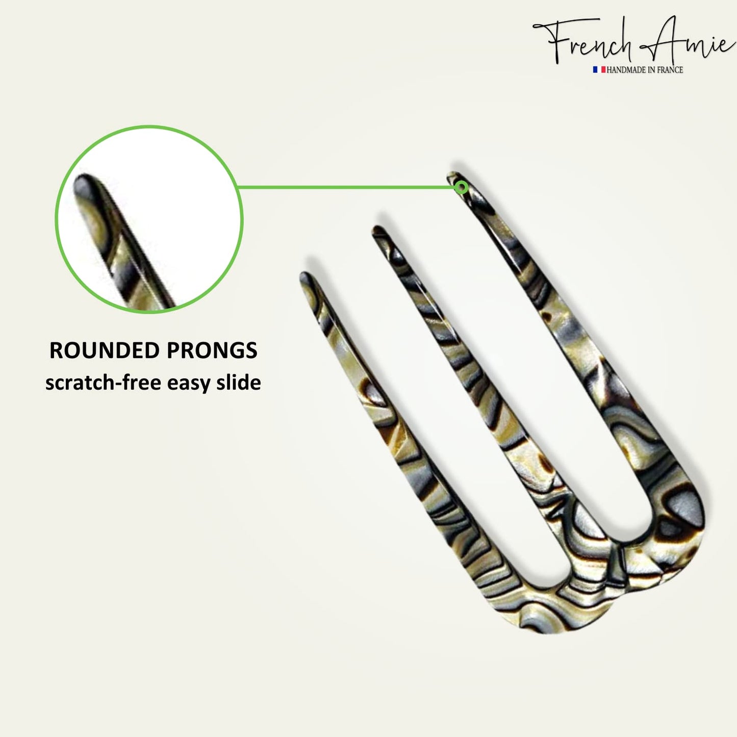 French Amie Tri Prongs Onyx Silver Grey 3-Inch Handmade Cellulose Acetate Bun Holder