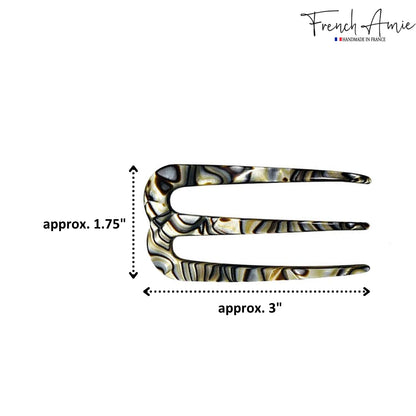 French Amie Tri Prongs Onyx Silver Grey 3-Inch Handmade Cellulose Acetate Bun Holder