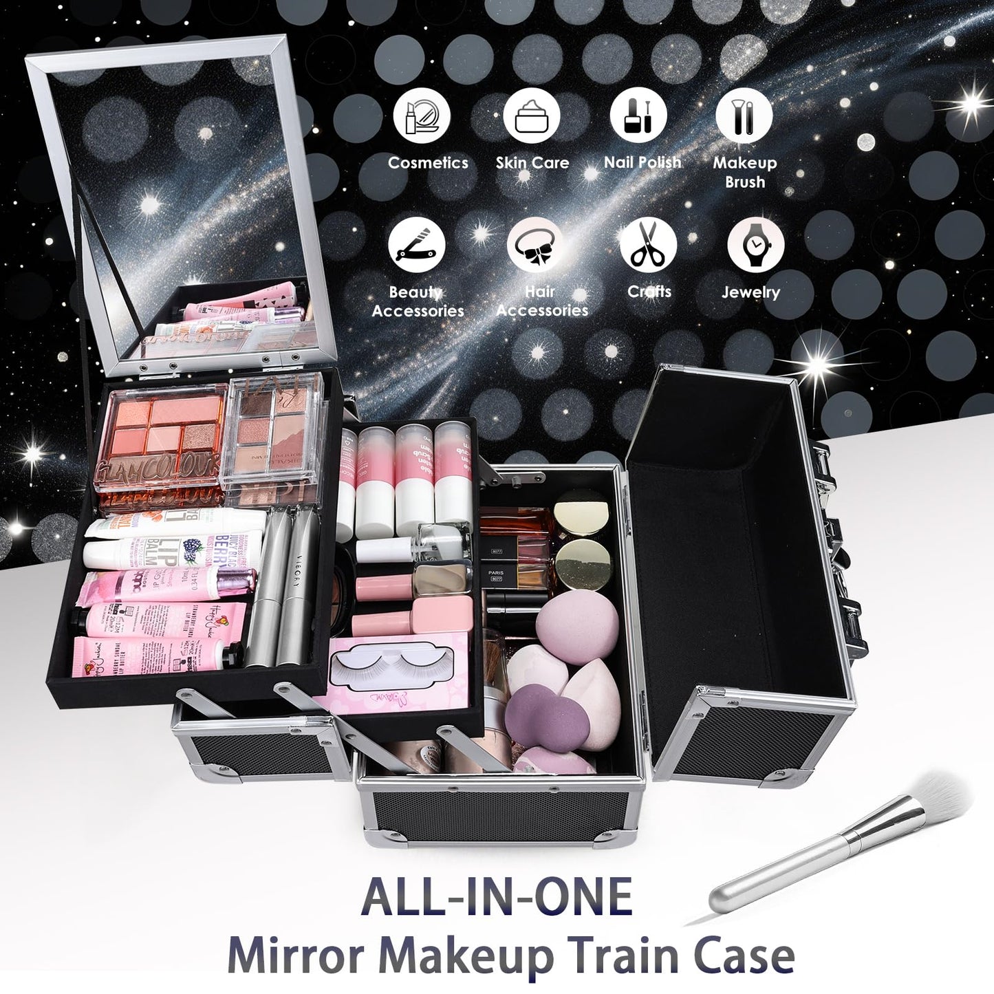 FRENESSA Makeup Case Organizer - Travel Vanity Box with Mirror, 2 Trays, Aluminum Hard Case, Black