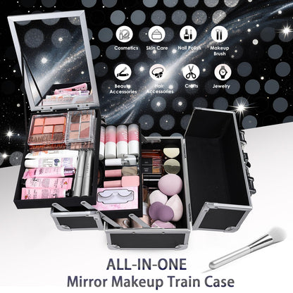 FRENESSA Makeup Case Organizer - Travel Vanity Box with Mirror, 2 Trays, Aluminum Hard Case, Black