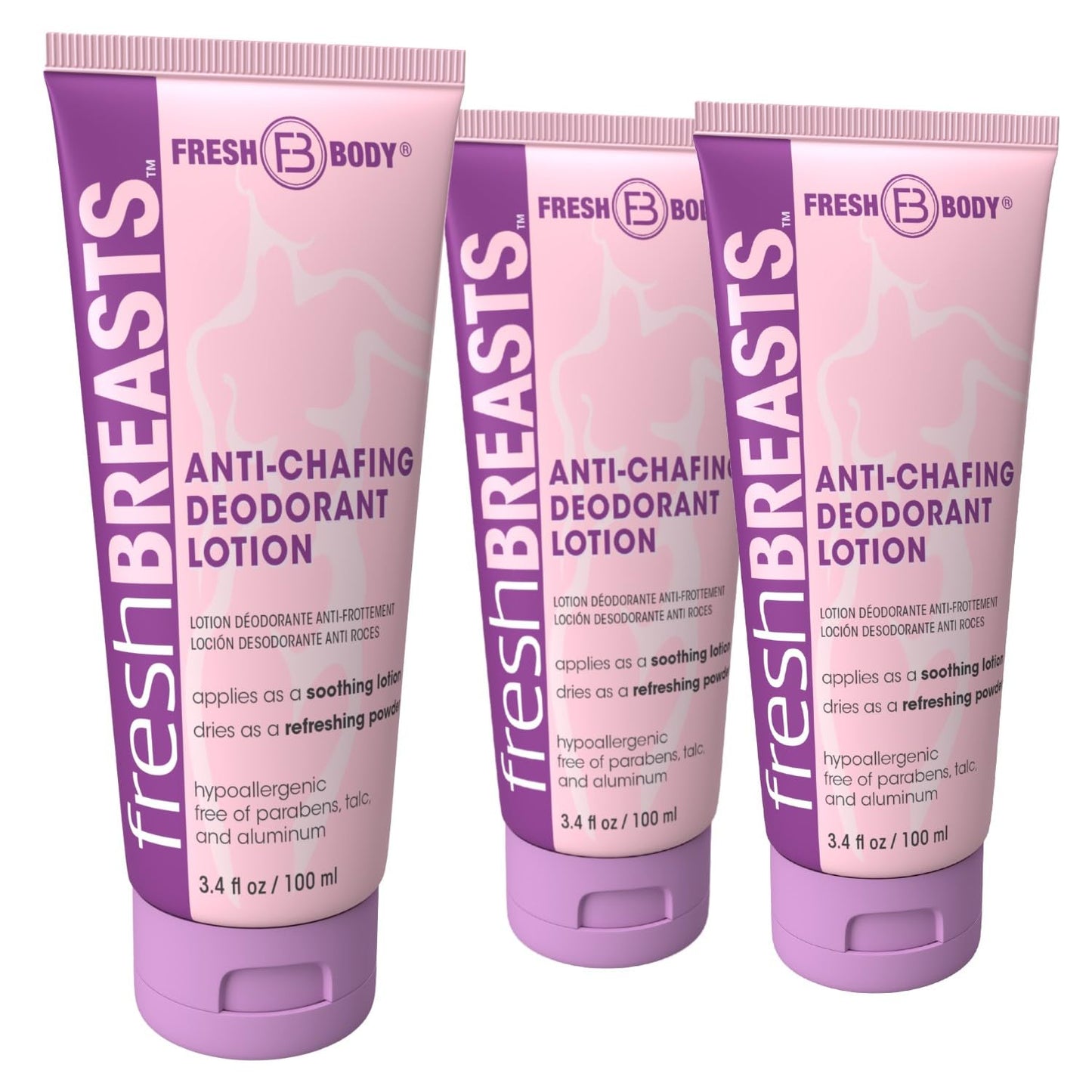 Fresh Breasts Anti Chafing Deodorant Lotion to Powder – 3.4 fl oz x3, No Talc/Aluminum/Fragrance