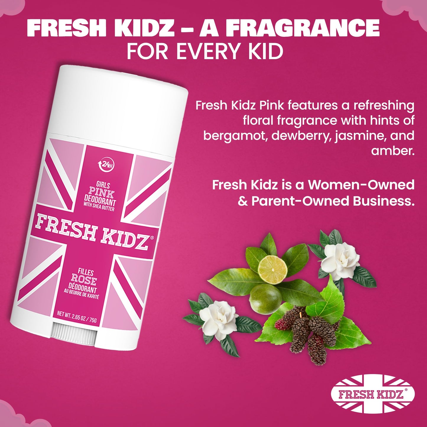Fresh Kidz Pink Deodorant Stick – Aluminum- and Baking Soda-Free, 24-Hour Protection for Sensitive Skin