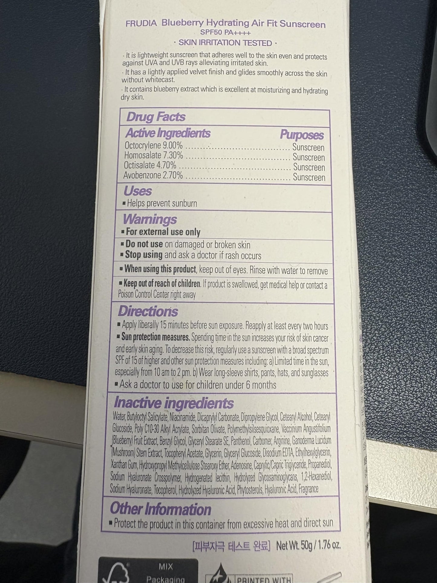 FRUDIA Blueberry Hydrating Air Fit Sunscreen SPF 50+ PA++++ | Ultra Lightweight, No White Cast | 1.76 oz