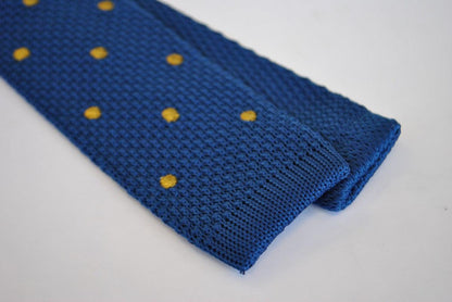navy blue skinny knitted tie with brown polka dots