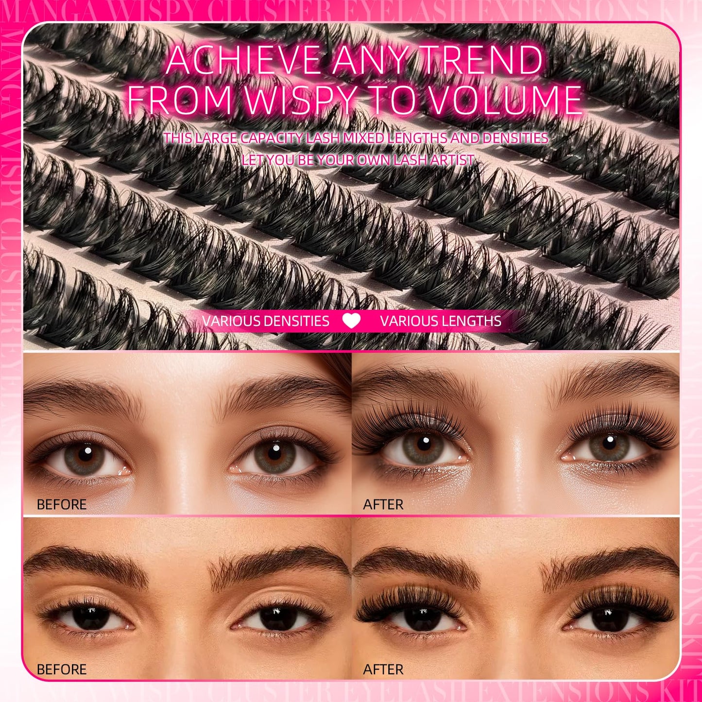 FTBZCF Lash Clusters – 392pcs 120D Natural Fluffy D Curl DIY Eyelash Extensions Kit (10–18mm)