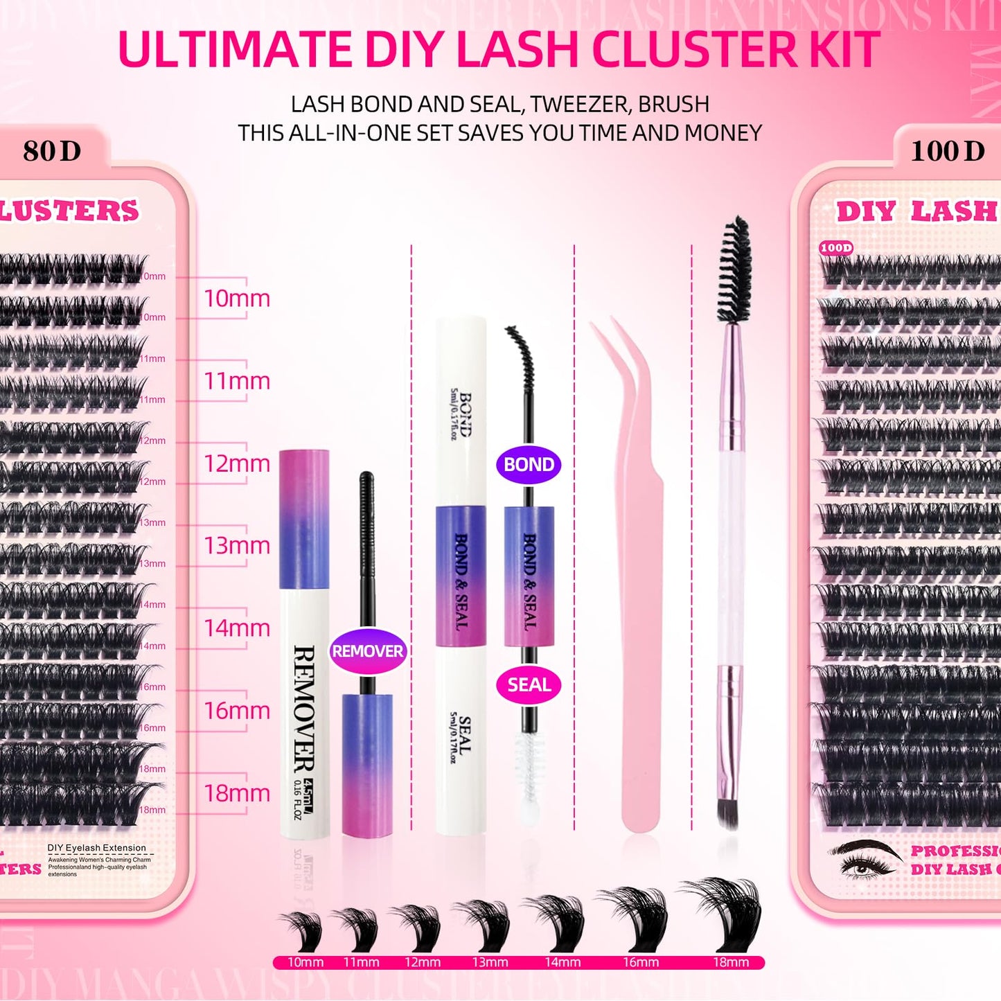 FTBZCF Lash Clusters Kit – 392pcs DIY Lashes 120D/150D, 10-18mm, Bond Seal, Tweezers & Remover