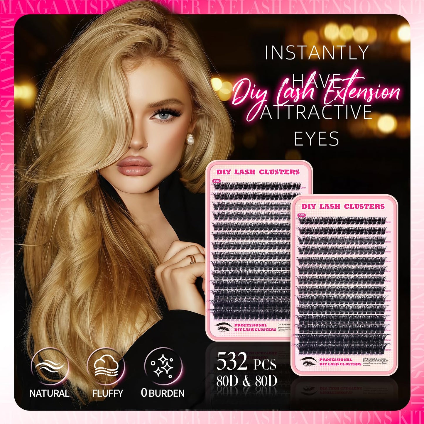 FTBZCF Lash Clusters 532pcs 80D DIY Extensions – Natural 10-18mm Manga Wispy