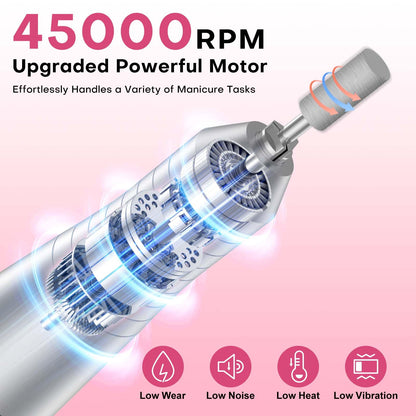 FTOYIN Electric Nail Drill Professional – Rechargeable Nail File, 45000 RPM, 7 Heads, HD LCD, Portable