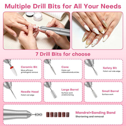 FTOYIN Electric Nail Drill Professional – Rechargeable Nail File, 45000 RPM, 7 Heads, HD LCD, Portable