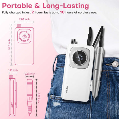 FTOYIN Electric Nail Drill Professional – Rechargeable Nail File, 45000 RPM, 7 Heads, HD LCD, Portable
