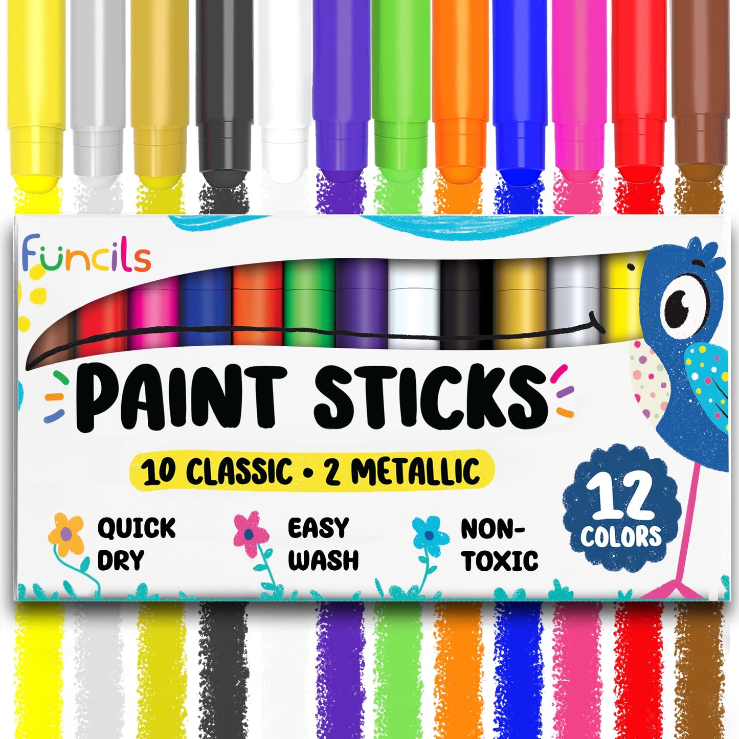 Funcils 12 Tempera Paint Sticks for Kids – Quick-Dry, Non-Toxic & Washable (10 Colors + Metallic Gold & Silver)