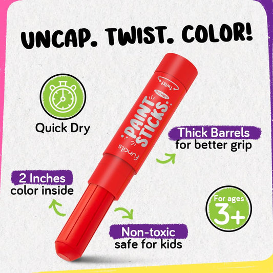 Funcils 12 Tempera Paint Sticks for Kids – Quick-Dry, Non-Toxic & Washable (10 Colors + Metallic Gold & Silver)