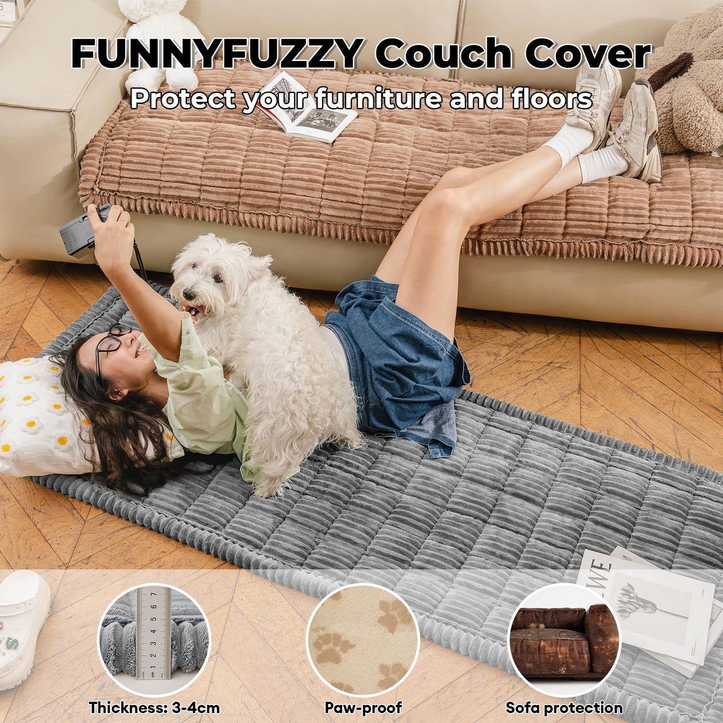 FUNNY FUZZY Pet Couch Covers for Sofa – Washable Flannel Protector (Blue-Grey, 27.6×70.9 in)