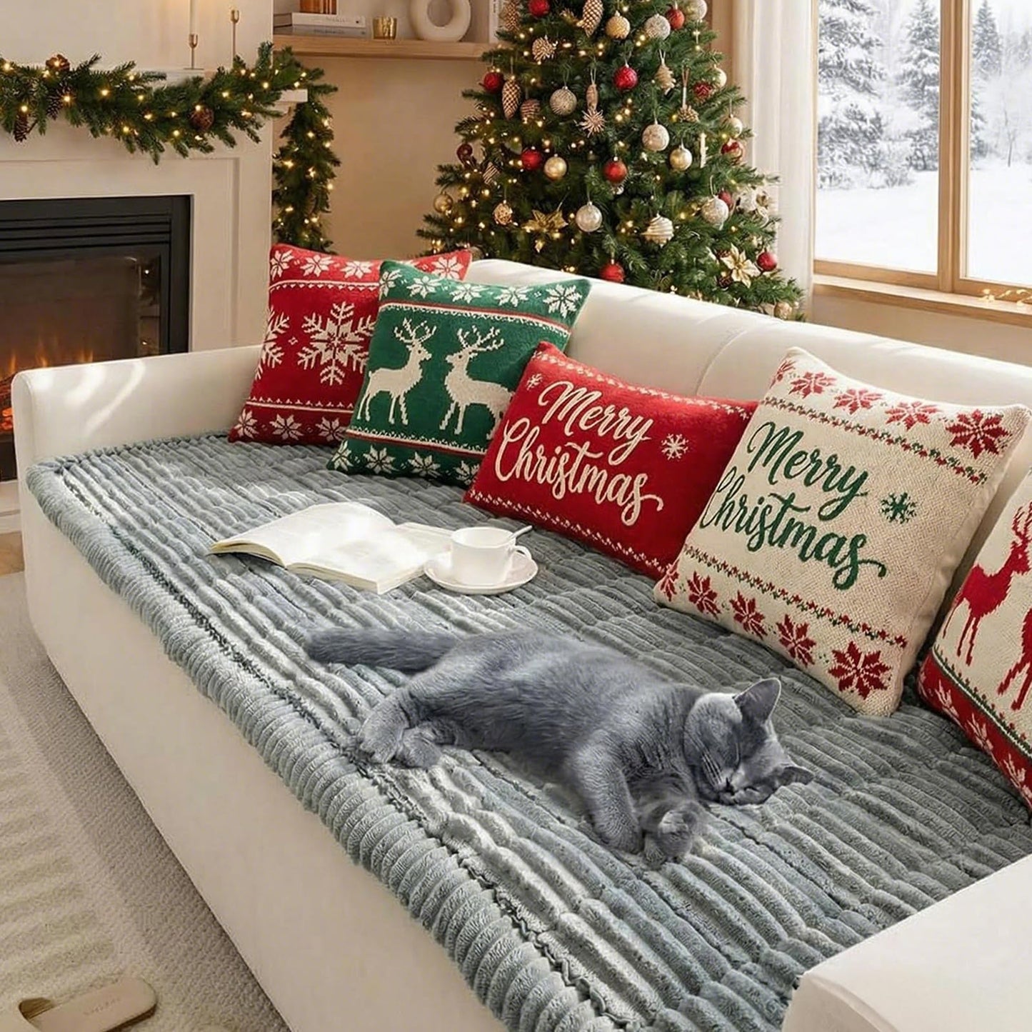 FUNNY FUZZY Pet Couch Covers for Sofa – Washable Flannel Protector (Blue-Grey, 27.6×70.9 in)