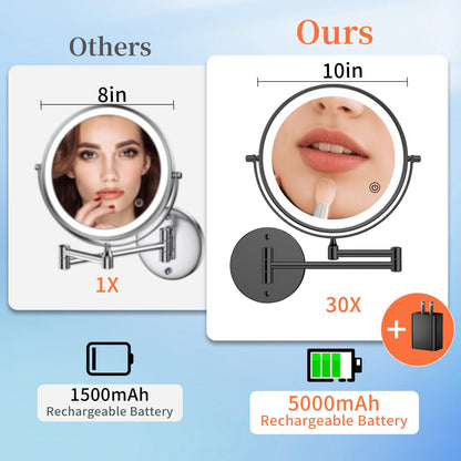 FUNTOUCH 9-Inch 30X/1X Wall Mounted Lighted Makeup Mirror – 5000mAh, 3-Color Lights, Dimmable