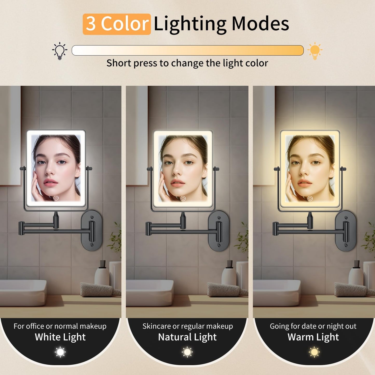 FUNTOUCH 5000mAh Rechargeable Wall-Mounted Makeup Mirror – 8.7-inch Dual-Sided 1X/30X Magnification, Dimmable 3-Color Lighting, 360° Swing Arm