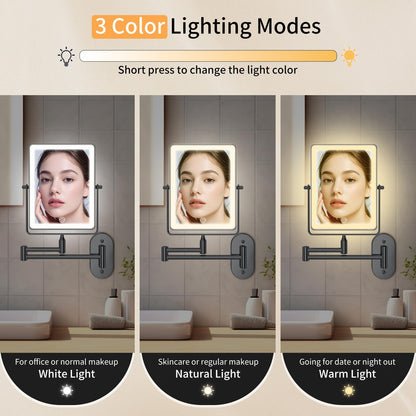 FUNTOUCH 5000mAh Rechargeable Wall-Mounted Makeup Mirror – 8.7-inch Dual-Sided 1X/30X Magnification, Dimmable 3-Color Lighting, 360° Swing Arm