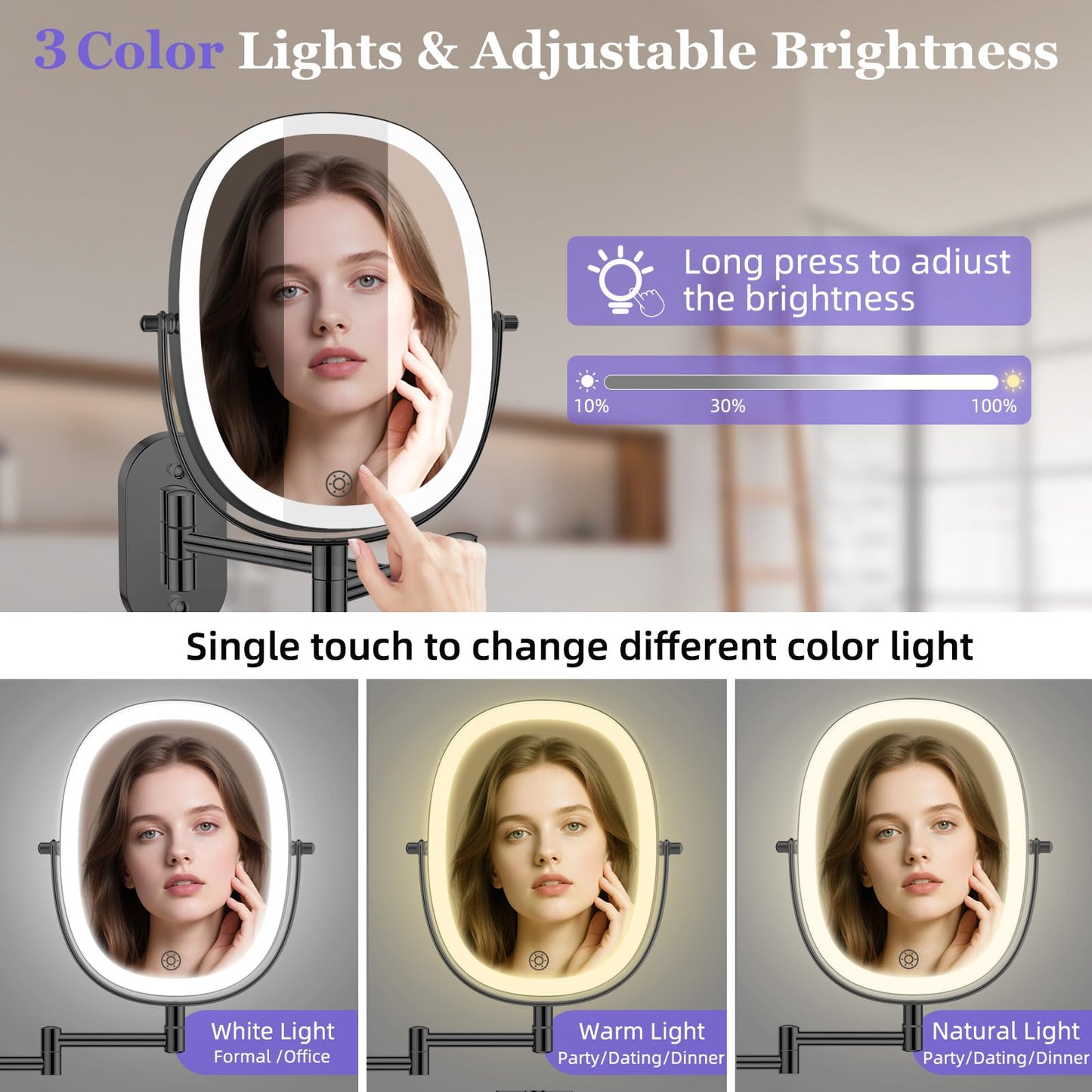 FUNTOUCH 30X/1X Wall Mounted Lighted Makeup Mirror — 5000mAh Battery, 3 Color Lights, 360° Swivel, Foldable, Black