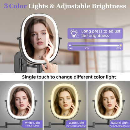 FUNTOUCH 30X/1X Wall Mounted Lighted Makeup Mirror — 5000mAh Battery, 3 Color Lights, 360° Swivel, Foldable, Black