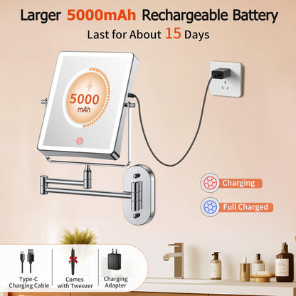 FUNTOUCH 8.7-Inch Wall Mounted Lighted Makeup Mirror | 1X/30X Magnification | 5000mAh Rechargeable, Dimmable 3-Color Lighting
