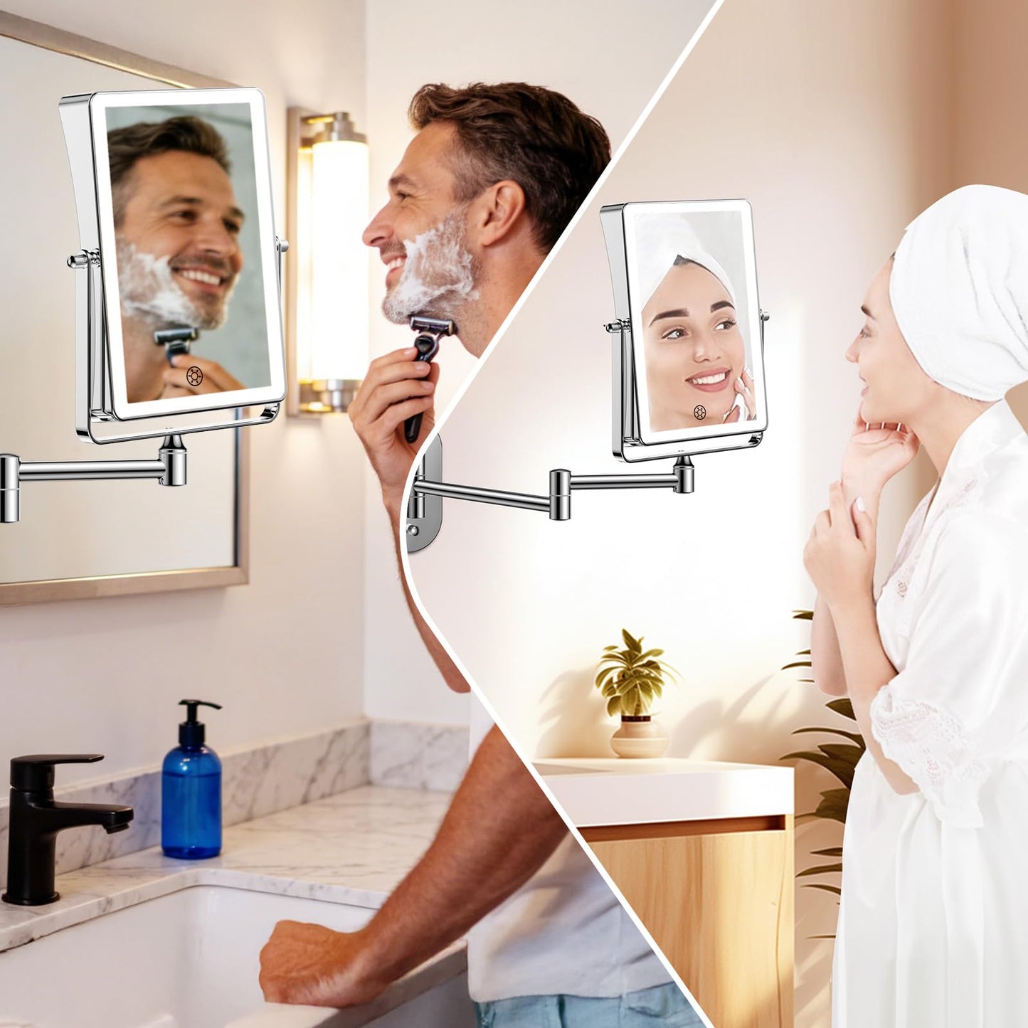 FUNTOUCH 8.7-Inch Wall Mounted Lighted Makeup Mirror | 1X/30X Magnification | 5000mAh Rechargeable, Dimmable 3-Color Lighting
